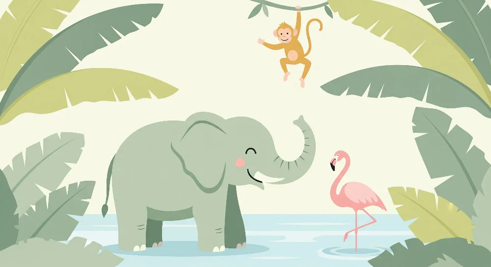 Tapet pentru camera de bebeluși | Elefant fericit, maimuță jucausă și flamingo roz într-o junglă tropicală