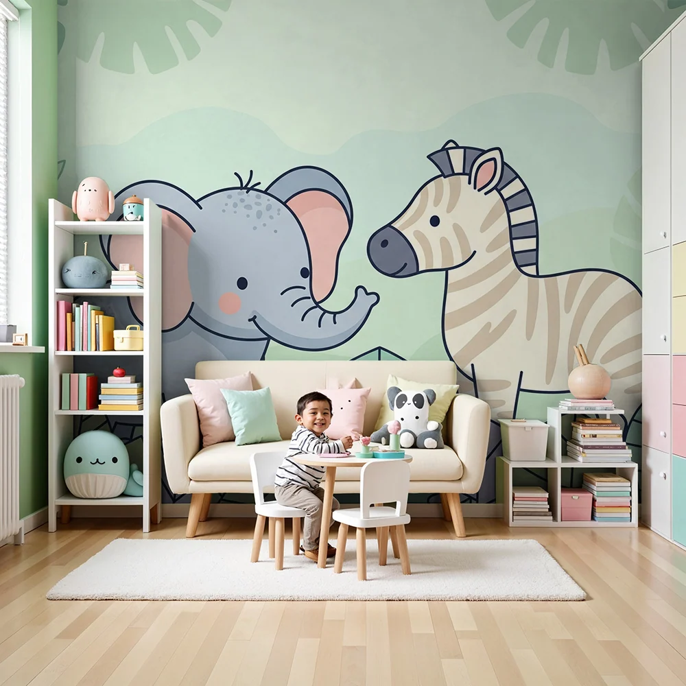 Tapet pentru camera de bebeluși | Elefant și zebra în mijlocul junglei colorate