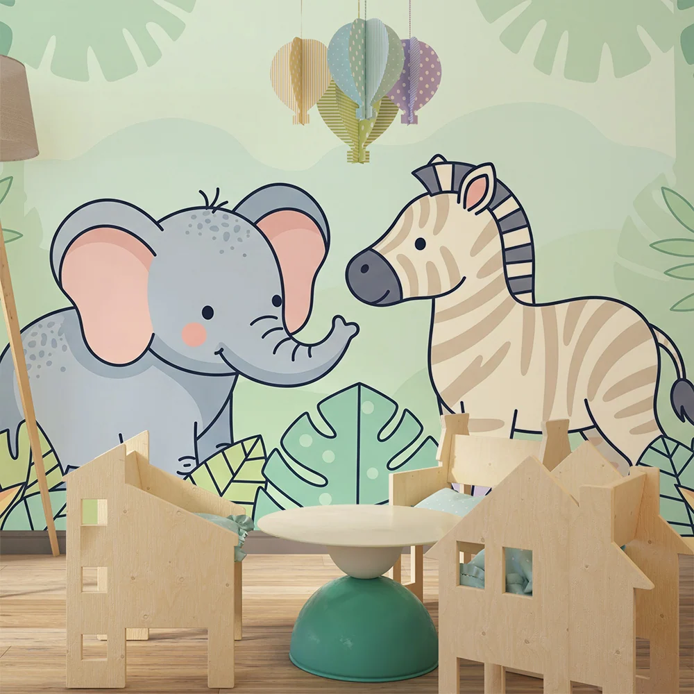 Tapet pentru camera de bebeluși | Elefant și zebra în mijlocul junglei colorate