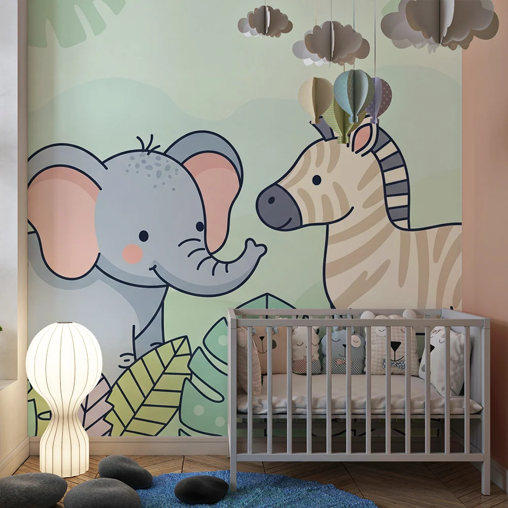 Tapet pentru camera de bebeluși | Elefant și zebra în mijlocul junglei colorate