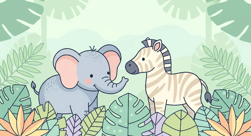 Tapet pentru camera de bebeluși | Elefant și zebra în mijlocul junglei colorate