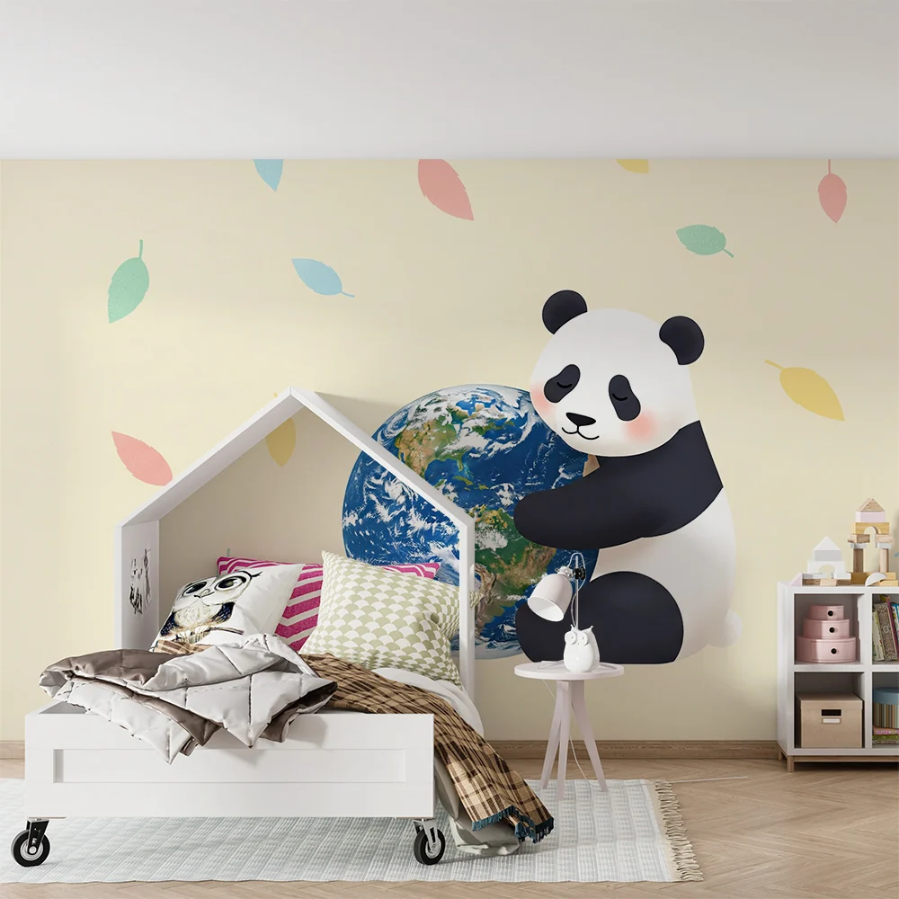 Tapet pentru camera de bebeluși | Panda îmbrățișând Pământul cu frunze colorate
