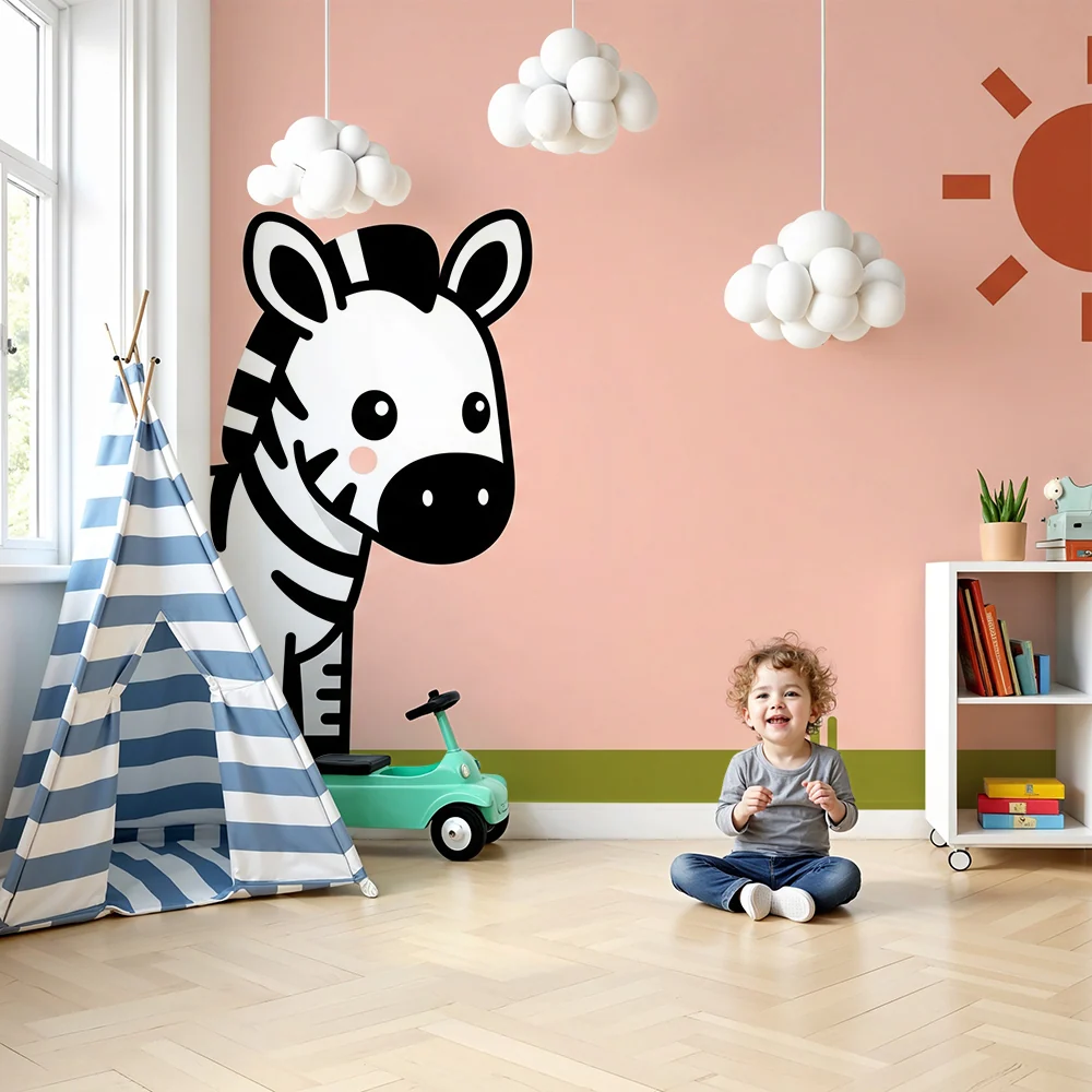 Tapet pentru camera de bebeluși | Un zebra drăguț pe fundal pastel cu soare
