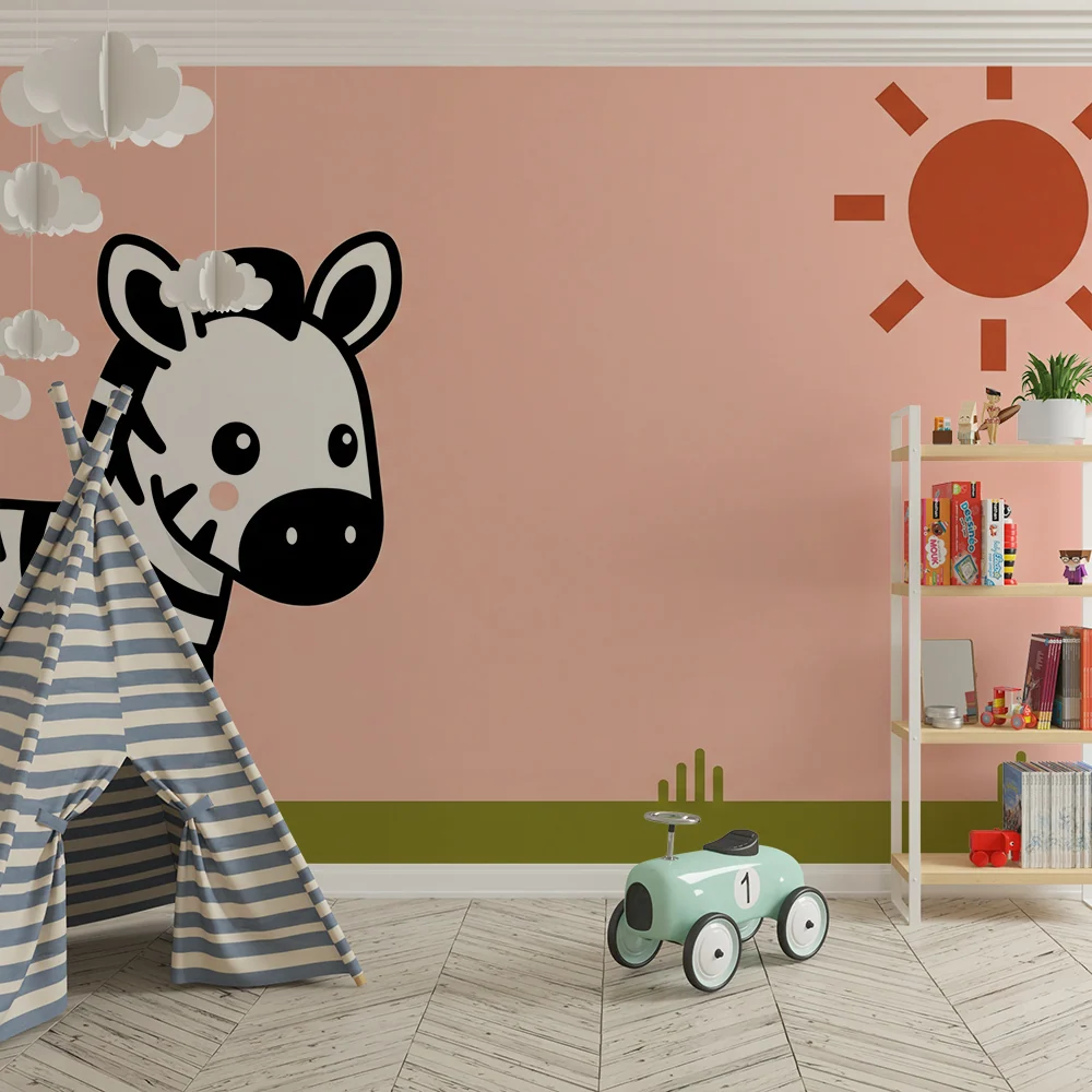 Tapet pentru camera de bebeluși | Un zebra drăguț pe fundal pastel cu soare
