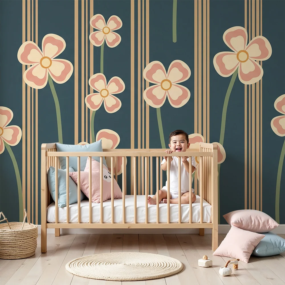 Tapet pentru camera de copii | Flori delicate pe fond albastru cu linii elegante