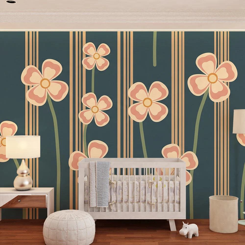 Tapet pentru camera de copii | Flori delicate pe fond albastru cu linii elegante