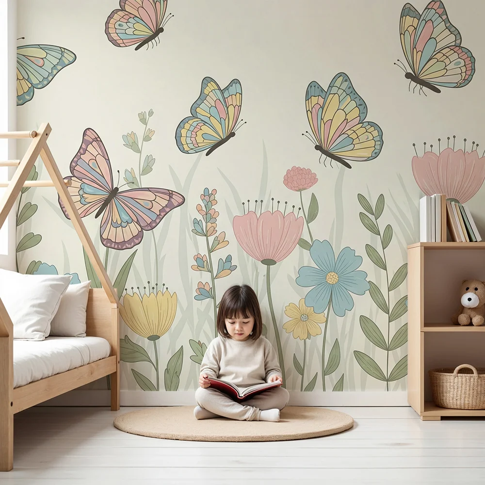 Tapet pentru camera de copii | Fluturi colorați și flori delicate într-o grădină fermecată