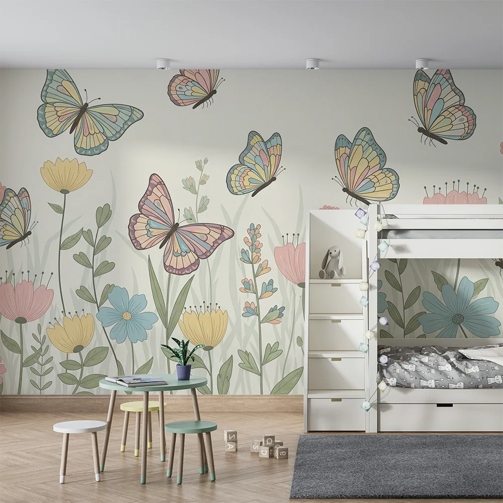 Tapet pentru camera de copii | Fluturi colorați și flori delicate într-o grădină fermecată