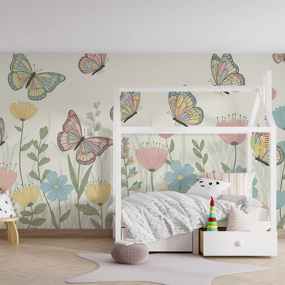 Tapet pentru camera de copii | Fluturi colorați și flori delicate într-o grădină fermecată