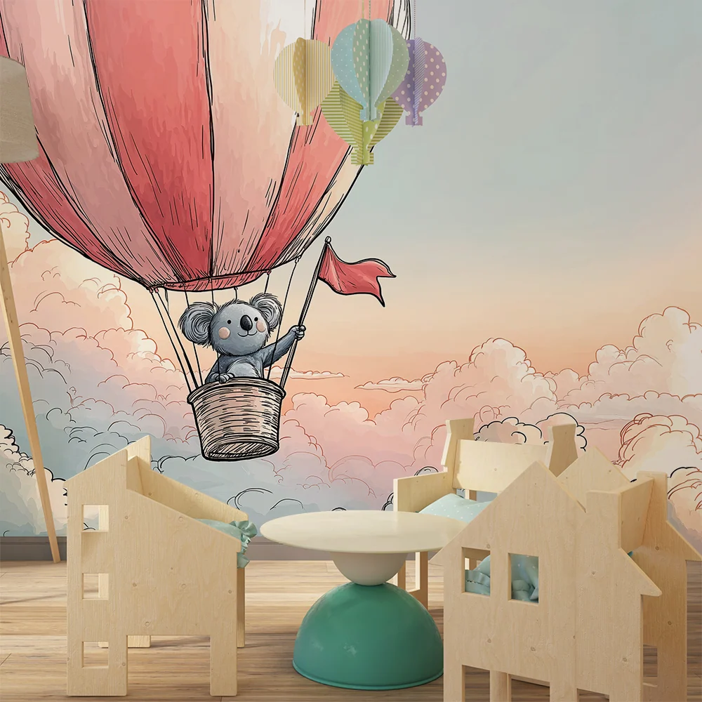Tapet pentru camera de copii | Koala într-un balon cu aer cald deasupra norilor