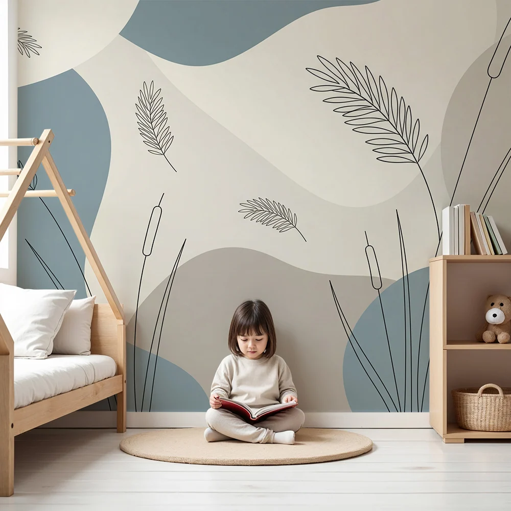 Tapet pentru camera de copii | Modele minimaliste de plante pe fundal pastel