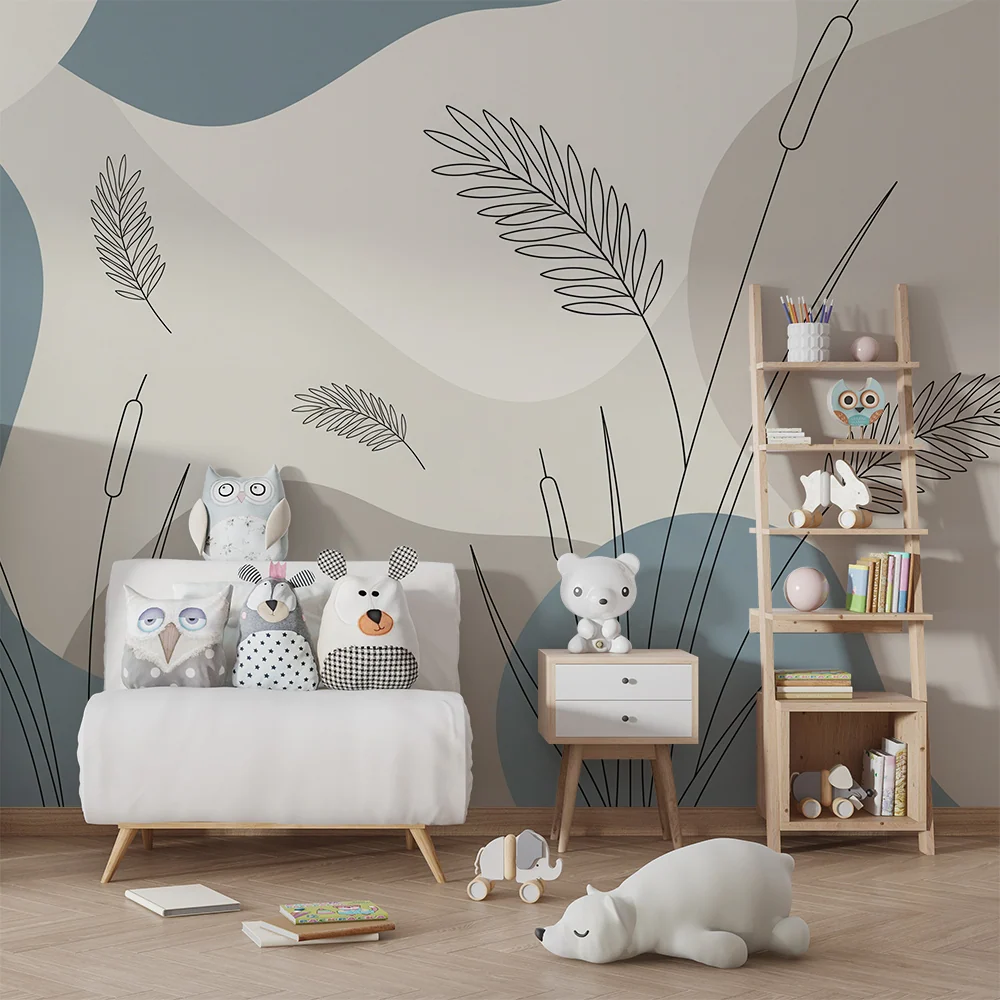 Tapet pentru camera de copii | Modele minimaliste de plante pe fundal pastel