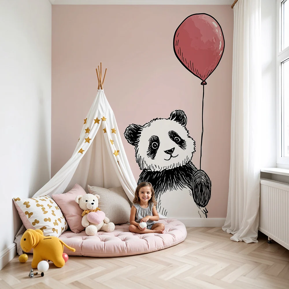 Tapet pentru camera de copii | Panda drăguț țând un balon roz pe fundal pastel