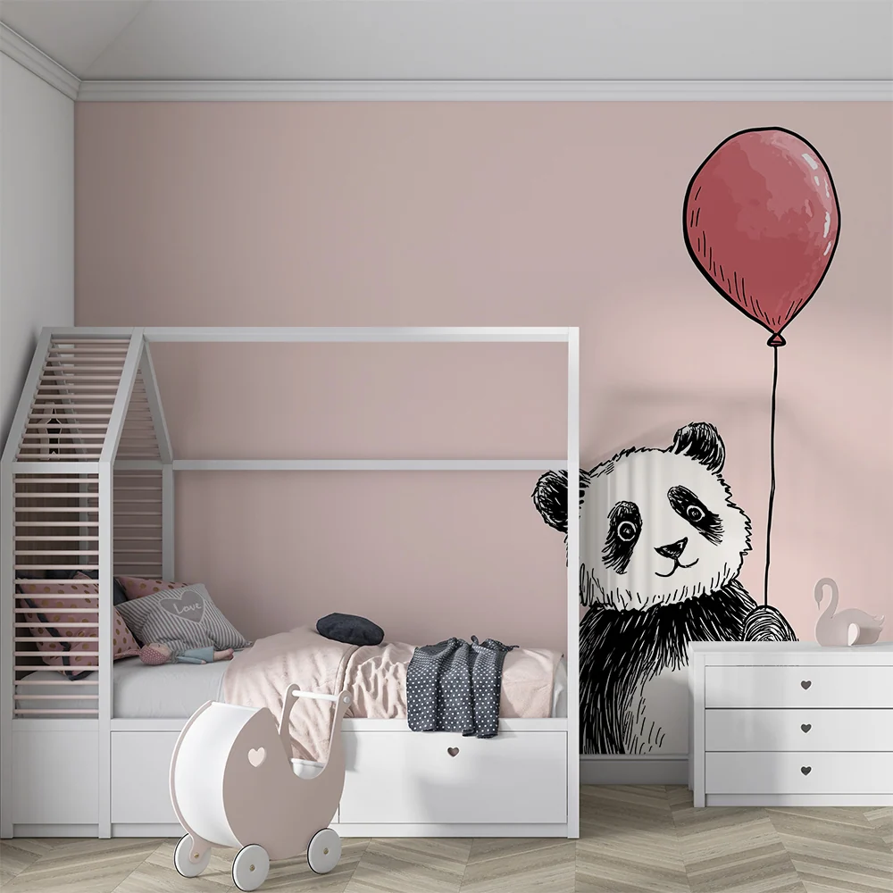 Tapet pentru camera de copii | Panda drăguț țând un balon roz pe fundal pastel