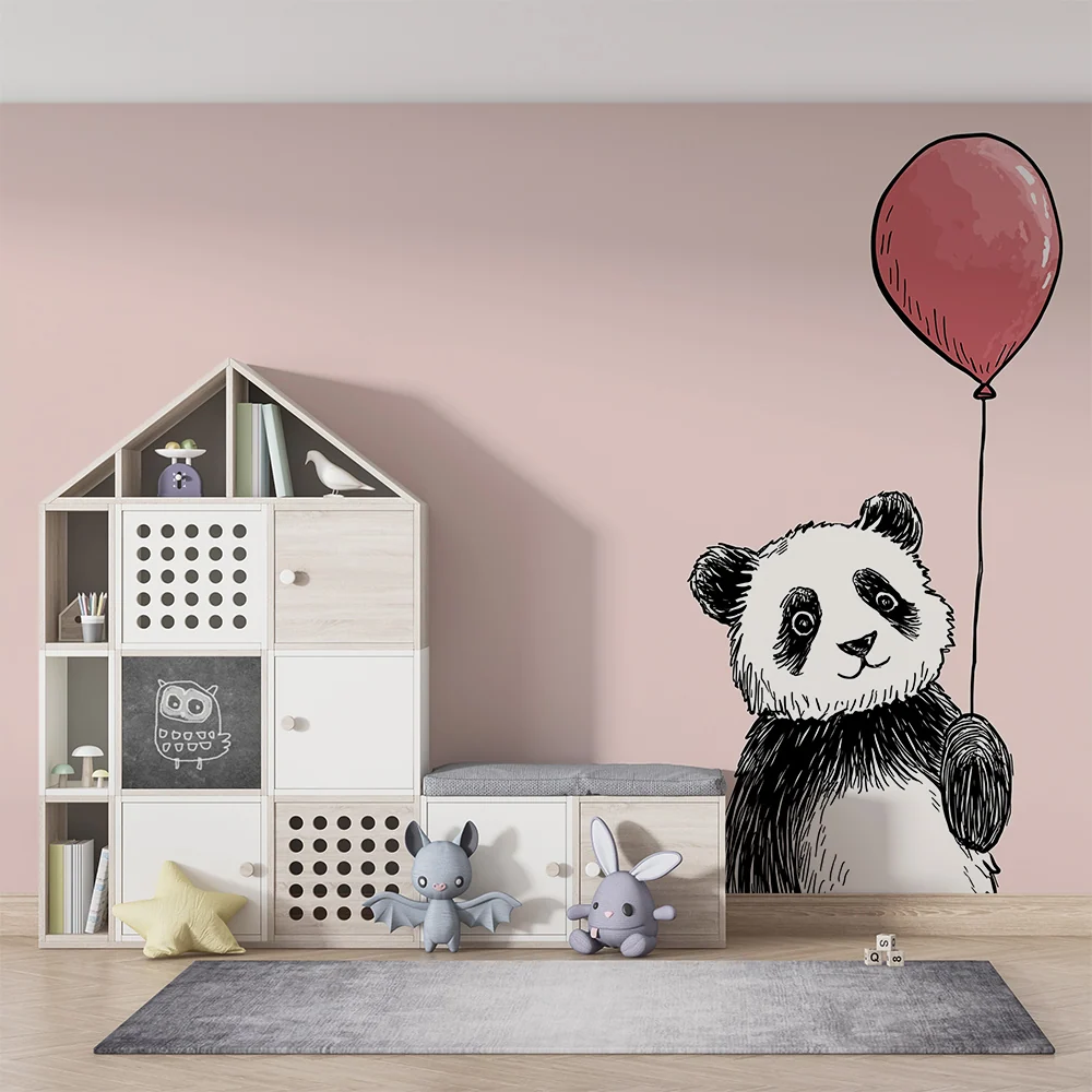 Tapet pentru camera de copii | Panda drăguț țând un balon roz pe fundal pastel