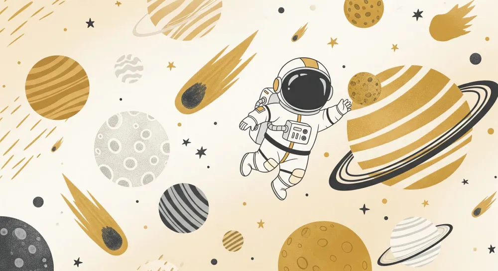 Tapet pentru camera copilului | Astronaut explorând un univers colorat cu planete și stele
