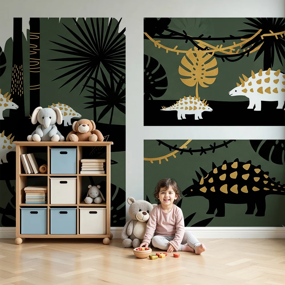 Tapet pentru camera copilului | Dinozaur drăguț într-o junglă luxuriantă