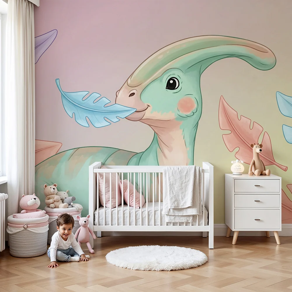 Tapet pentru camera copilului | Dinozaur drăguț cu frunze colorate