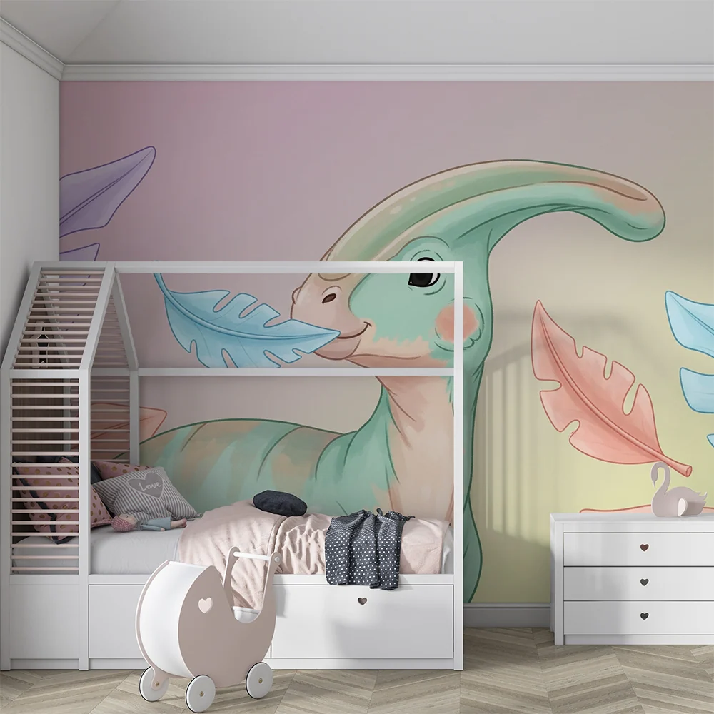 Tapet pentru camera copilului | Dinozaur drăguț cu frunze colorate