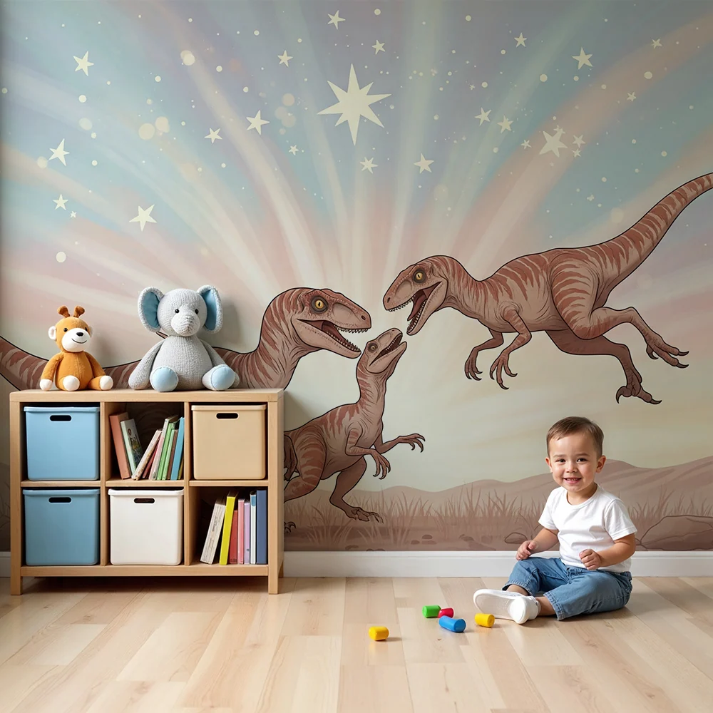 Tapet pentru camera copilului | Dinozauri veseli într-un peisaj preistoric