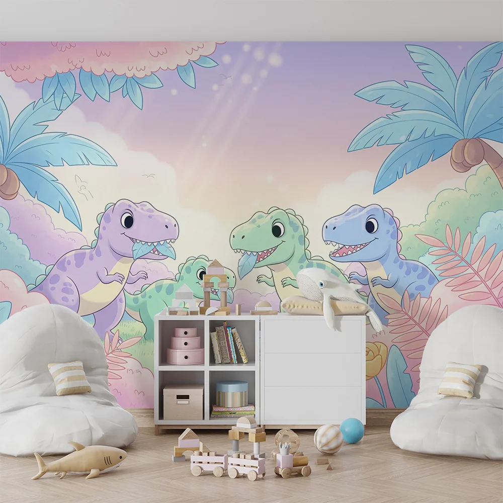 Tapet pentru camera copilului | Dinozauri veseli într-un peisaj pastel