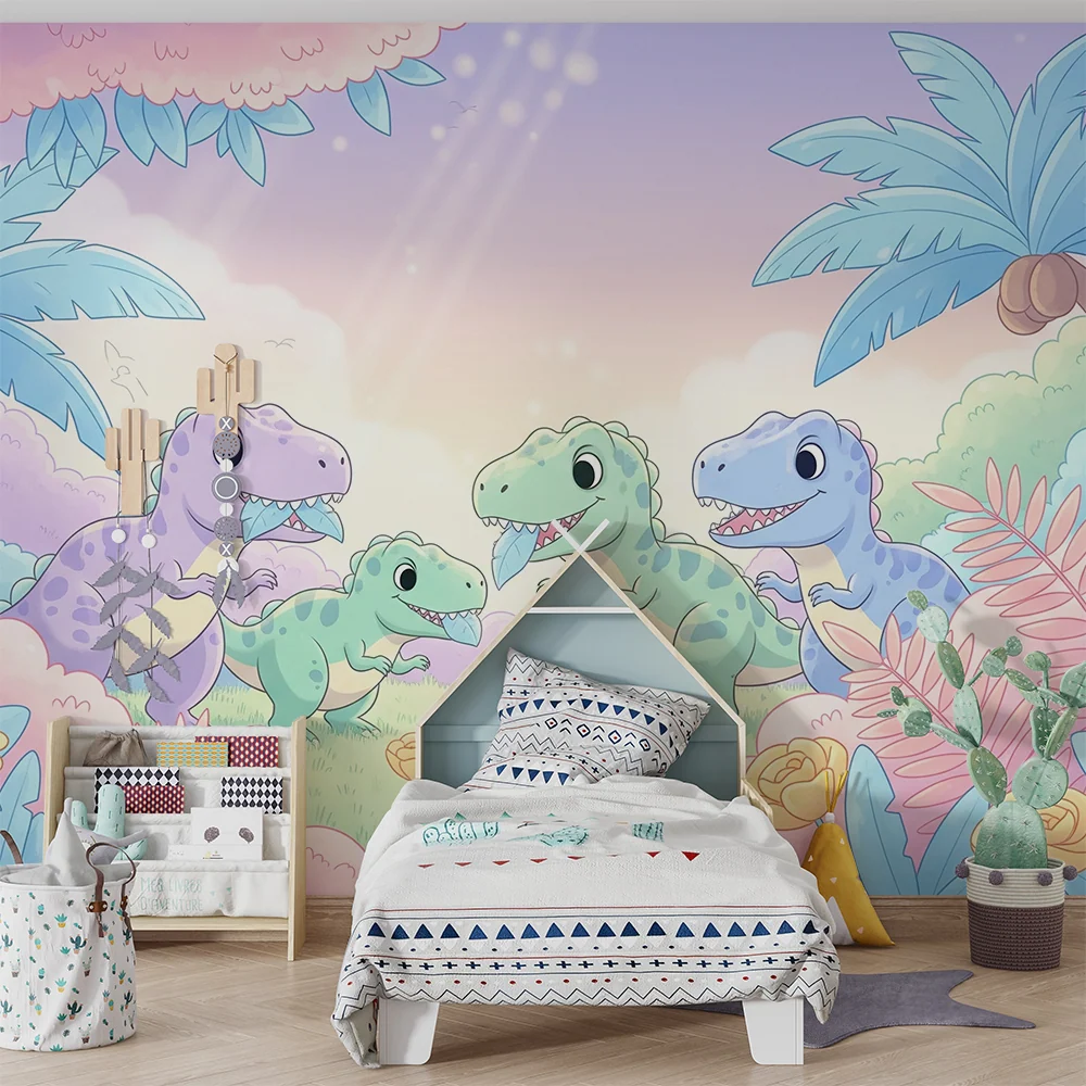 Tapet pentru camera copilului | Dinozauri veseli într-un peisaj pastel
