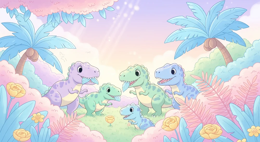 Tapet pentru camera copilului | Dinozauri veseli într-un peisaj pastel