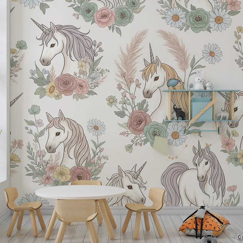 Tapet pentru camera copilului | Licorne elegante înconjurată de flori delicate