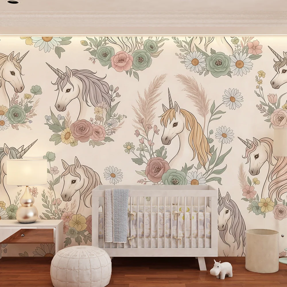 Tapet pentru camera copilului | Licorne elegante înconjurată de flori delicate