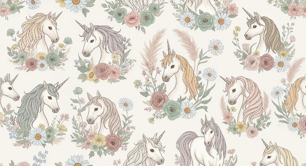 Tapet pentru camera copilului | Licorne elegante înconjurată de flori delicate
