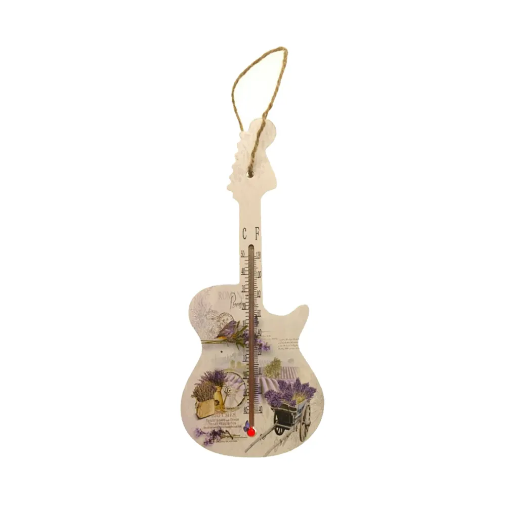Termometru de camera forma de Chitara, Model Lavanda, Lemn, 26x9 cm