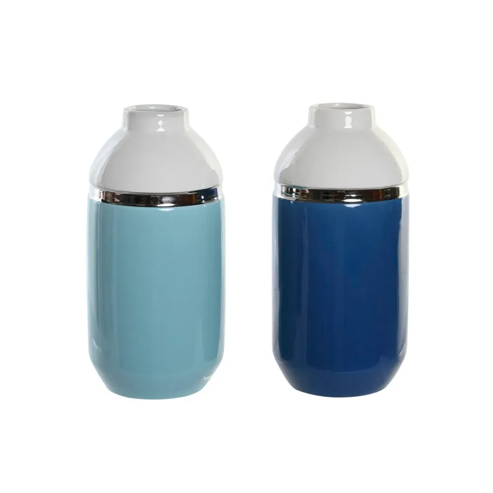 Vază DKD Home Decor 12,5 x 12,5 x 25 cm Alb Albastru celest Bleumarin Gresie (2 Unități)