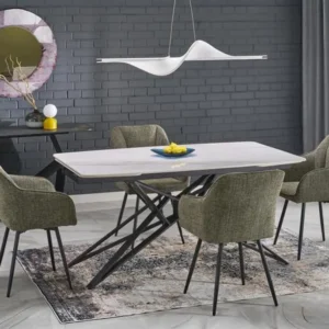 Masa extensibila ALFREDO, alb cu efect de marmura/negru, piatra sinterizata/otel, 160-240x91x76 cm