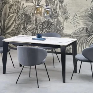 Masa extensibila FELIX, alb cu efect de marmura/negru, piatra sinterizata/otel, 141/201x81x76 cm