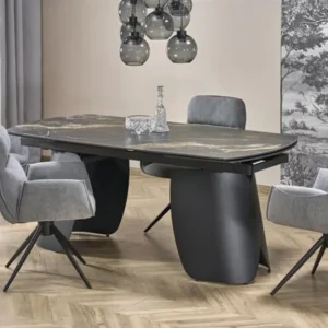 Masa extensibila FORUM, negru cu efect de marmura/negru, piatra sinterizata/otel, 180/260x90x76 cm