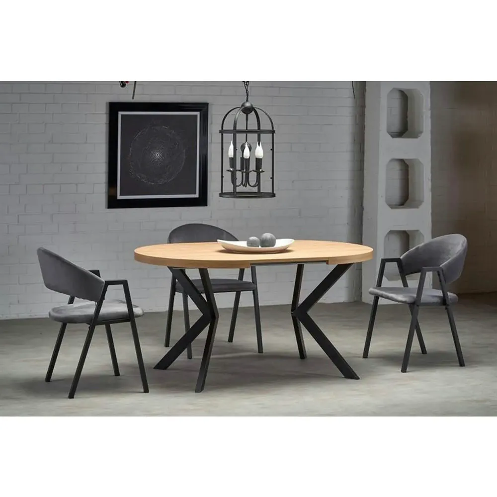 Masa extensibila mare PERONI, stejar auriu/negru, PAL furniruit/otel, 100/250x100x75 cm