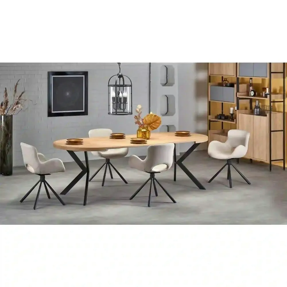 Masa extensibila mare PERONI, stejar auriu/negru, PAL furniruit/otel, 100/250x100x75 cm