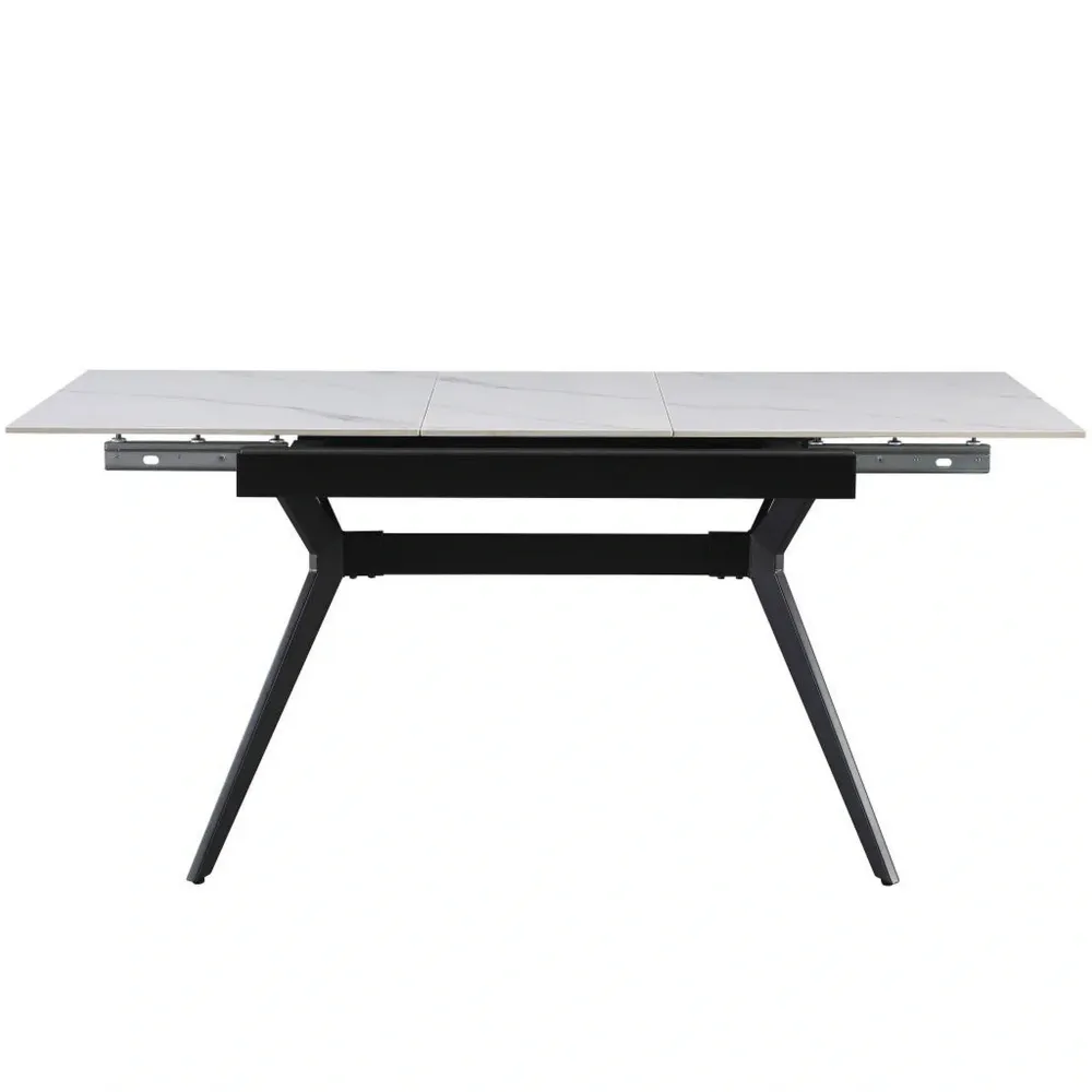 Masa extensibila MILS, alb cu efect de marmura/negru, ceramica/metal, 130/170x80x76 cm