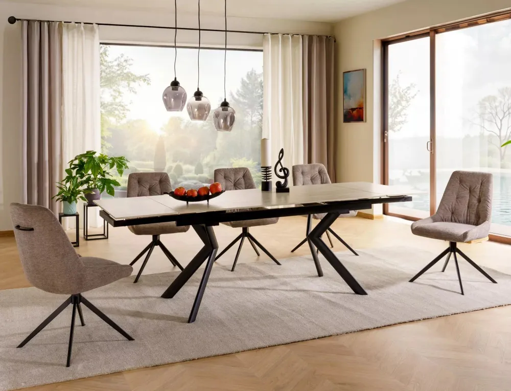 Masa extensibila NORTON, piatra travertin/negru, ceramica/metal, 160/240x90x75 cm
