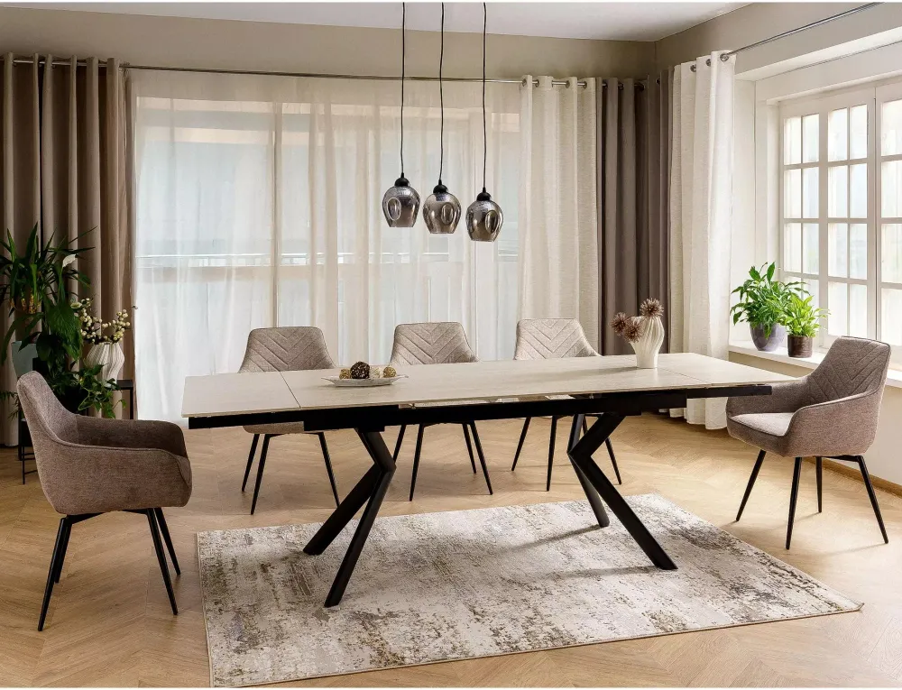 Masa extensibila NORTON, piatra travertin/negru, ceramica/metal, 160/240x90x75 cm