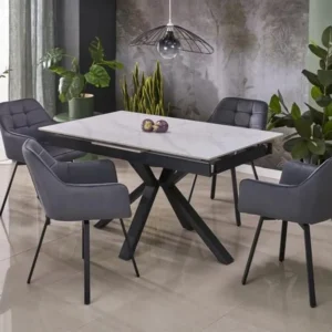 Masa extensibila PLATAN, alb cu efect de marmura/negru, piatra sinterizata/otel, 140/180x85x76 cm