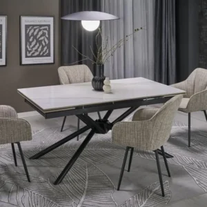 Masa extensibila VITORINO, alb cu efect de marmura/negru, piatra sinterizata/otel, 160/220x90x75 cm