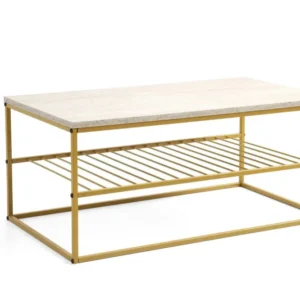 Masuta cafea ASUDE, alb cu efect de marmura/auriu, PAL melaminat/metal, 95x55x42 cm
