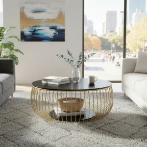 Masuta cafea BOWL,negru/auriu, sticla securizata/metal, 86x86x35 cm