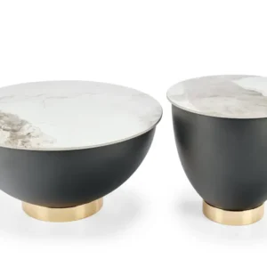 Masuta cafea CECILIA S, alb cu efect de marmura/negru/auriu, ceramica/otel, 48x48x45 cm
