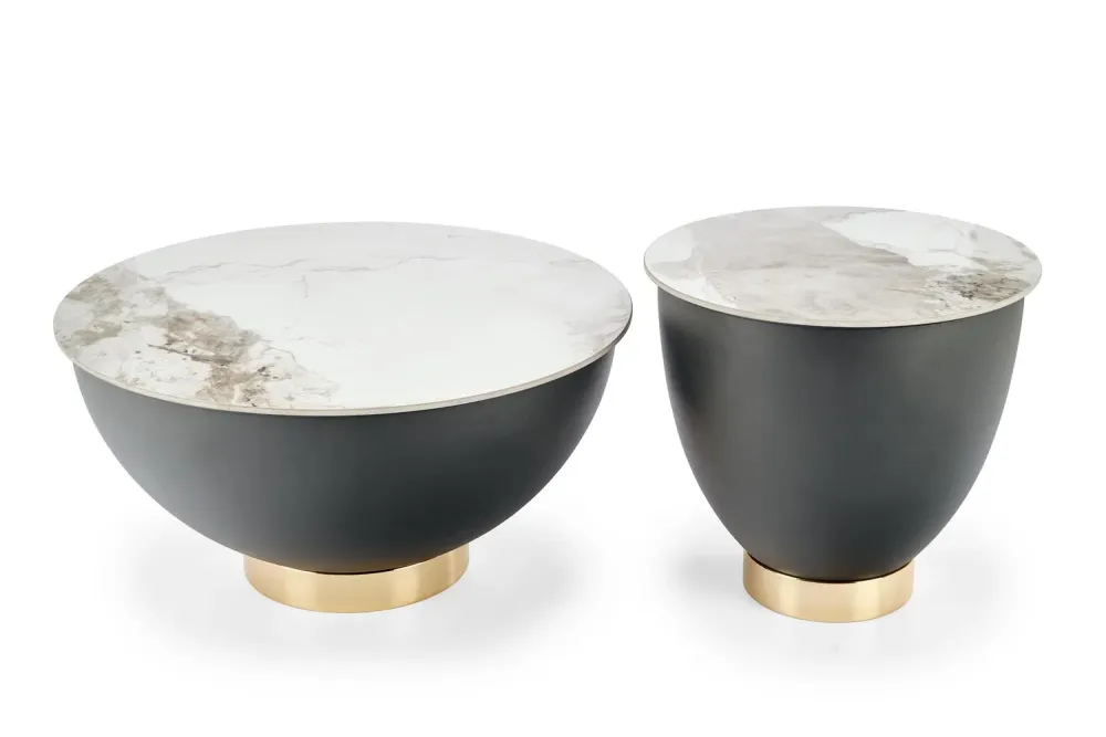 Masuta cafea CECILIA S, alb cu efect de marmura/negru/auriu, ceramica/otel, 48x48x45 cm
