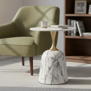 Masuta cafea FAMA, alb cu imprimeu marmura/auriu, ceramica/metal, 50x59 cm