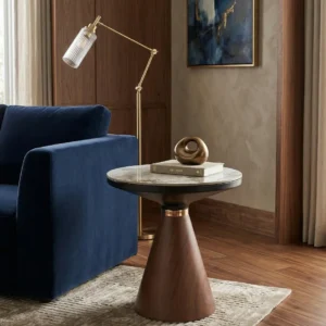 Masuta cafea GENESIS S, alb cu efect de marmura/nuc/auriu, otel/ceramica, 50x50x53 cm