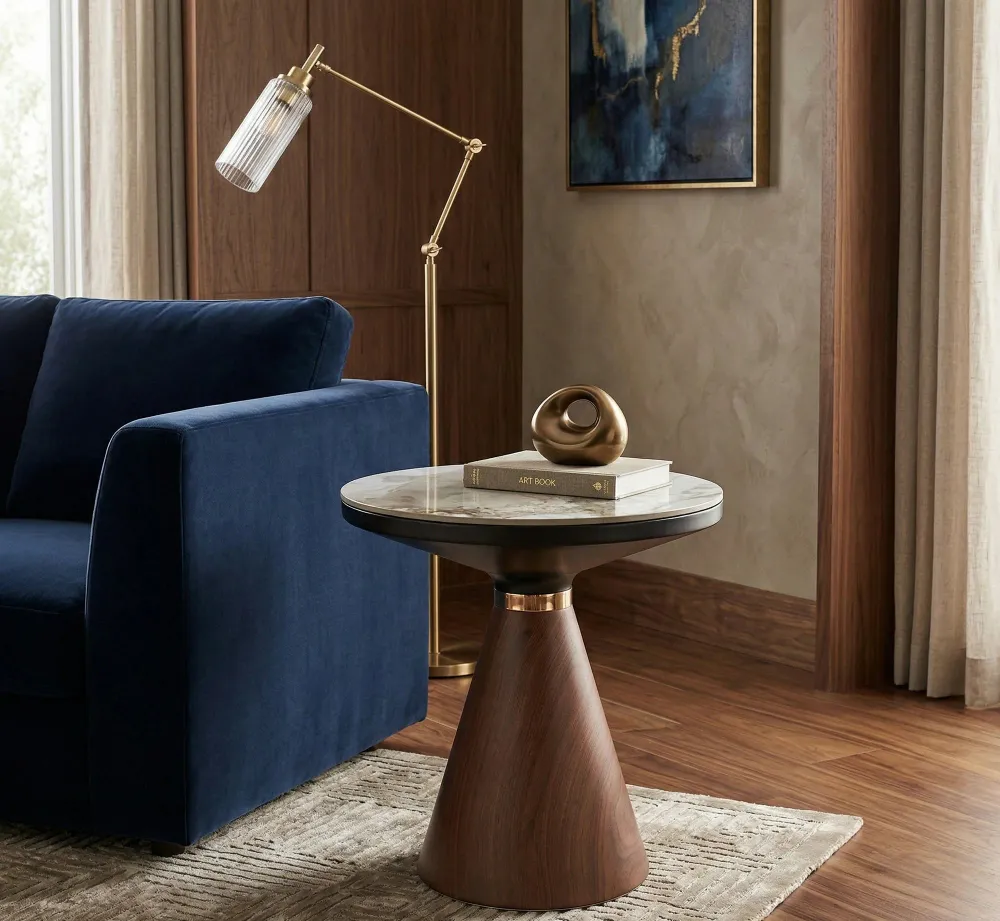Masuta cafea GENESIS S, alb cu efect de marmura/nuc/auriu, otel/ceramica, 50x50x53 cm