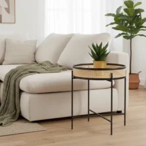Masuta cafea LANIPA, negru/stejar natural, ratan/otel, 50x50x55 cm
